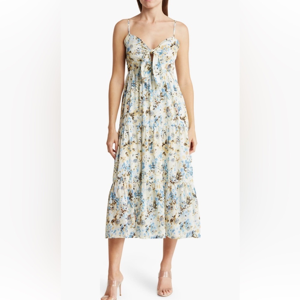 NSR Claro Floral Maxi Front Cutout Dress In Ivory/Blue